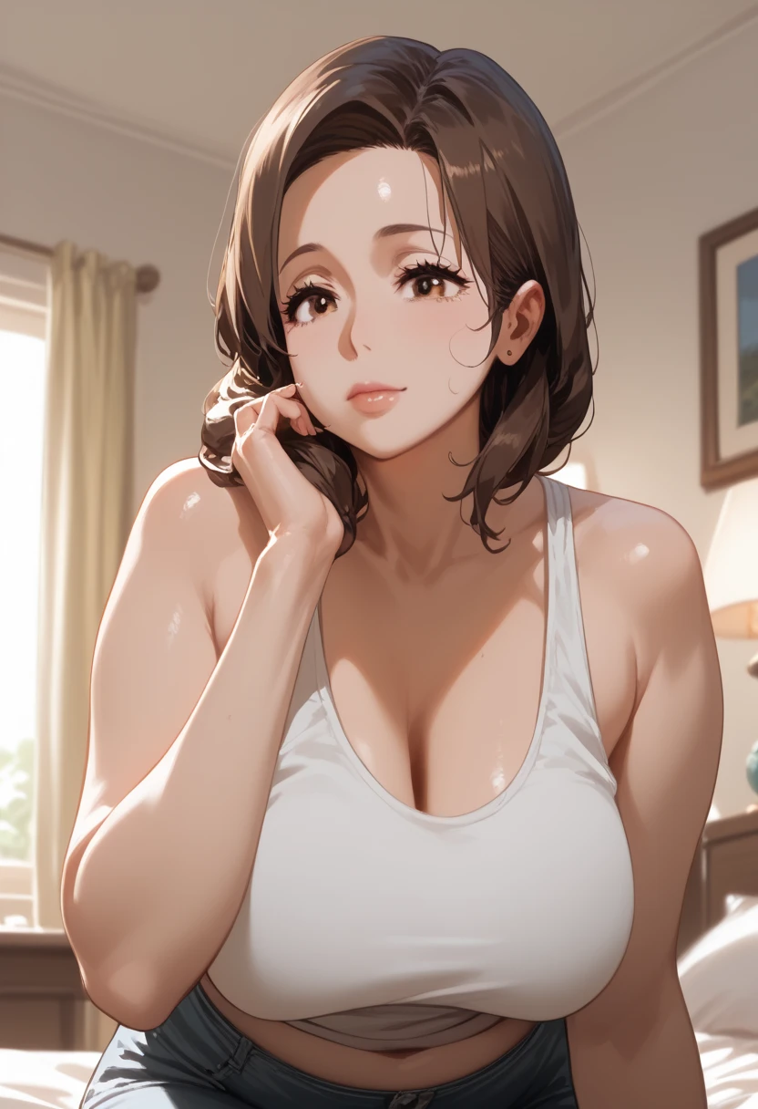 anime、45-year-old woman１people、Wearing a T-shirt，Face Enhancement，Chest Super Zoom，Emphasize cleavage，Looking up from below，Blushing，Red lips，Sexy，Bedsit，smile、Wear underwear、Sweat、lure