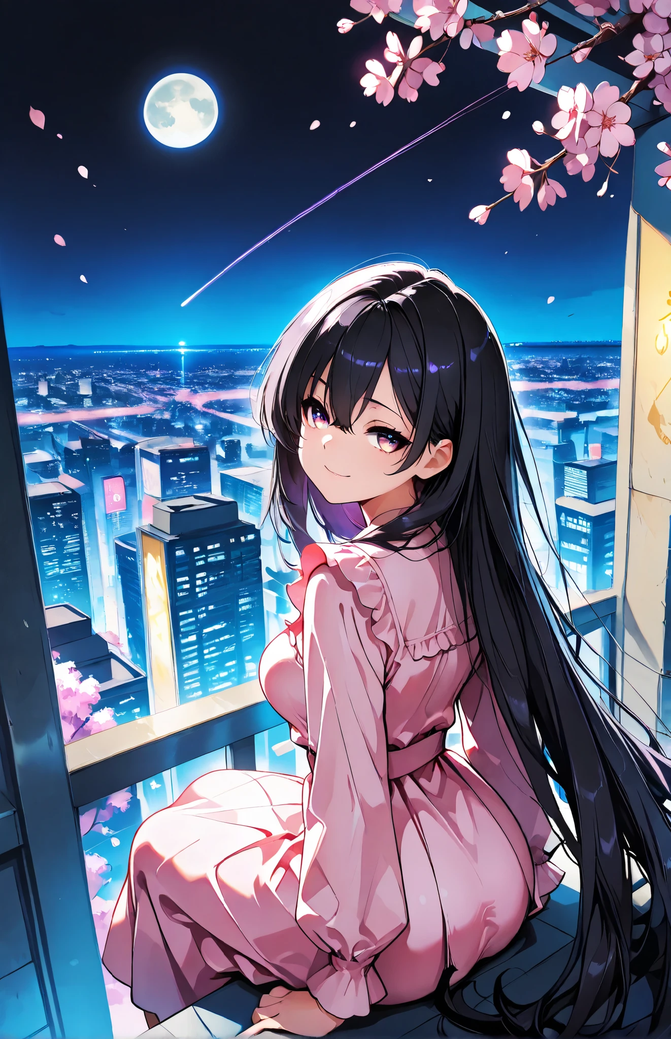cherry blossoms, looking back,  A girl, sharp purple eyes , multicolored eyes , hair between eyes , long side bangs , black hair with fine purple strands , very long hair , medium breasts, Pink dress, elaborate dress, elaborate pattern, long sleeves, puff sleeves, sits on the windowsill, looking out at the moon, trees, flowers，sitting, watercolor art style, drawing art style, pastel color, vintage art style,from behind, janpanese stlye,janpanese building, city scape, horizon, vapor trail, neon lights, night, sadly innocent smile, full moon, Look up at the full moon, solo, score_9, score_8_up, score_7_up, source_anime