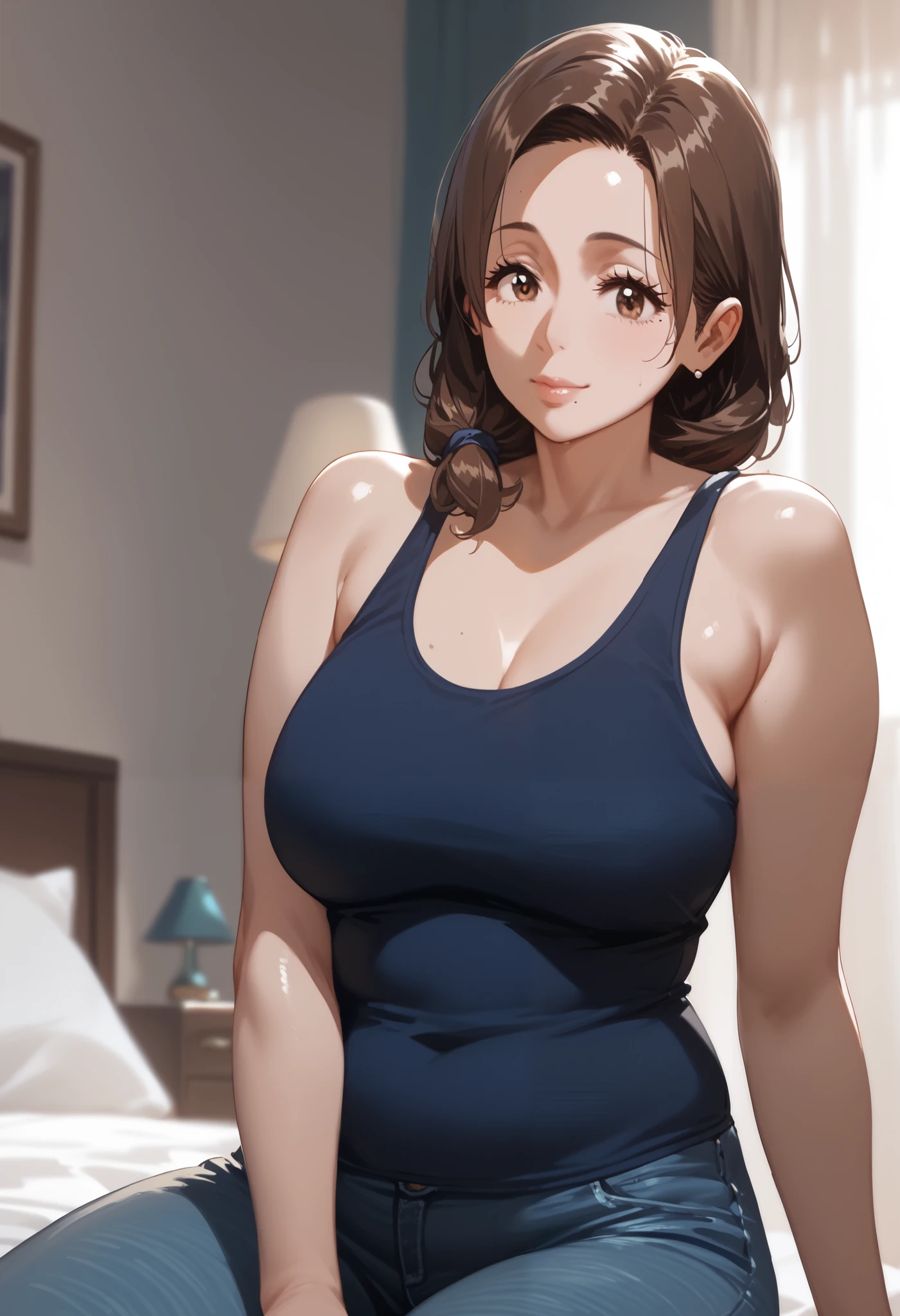(1girl:1.3), masterpiece, 8k quality, extremely detailed, mature, mature woman, mother, motherly eyes, brown eyes, brown hair, medium length hair, mole on chin, bedroom, plump body, medium breasts, tank top, jeans