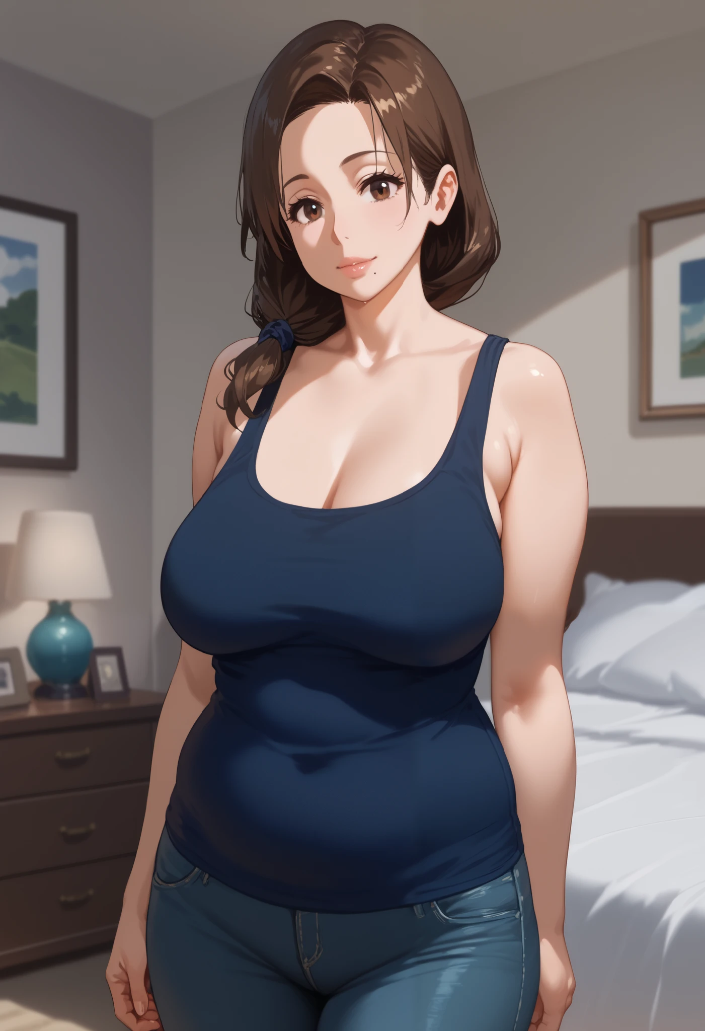 (1girl:1.3), masterpiece, 8k quality, extremely detailed, mature, mature woman, mother, motherly eyes, brown eyes, brown hair, medium length hair, mole on chin, bedroom, standing, looking at viewer, cowboy shot, plump body, medium breasts, tank top, jeans