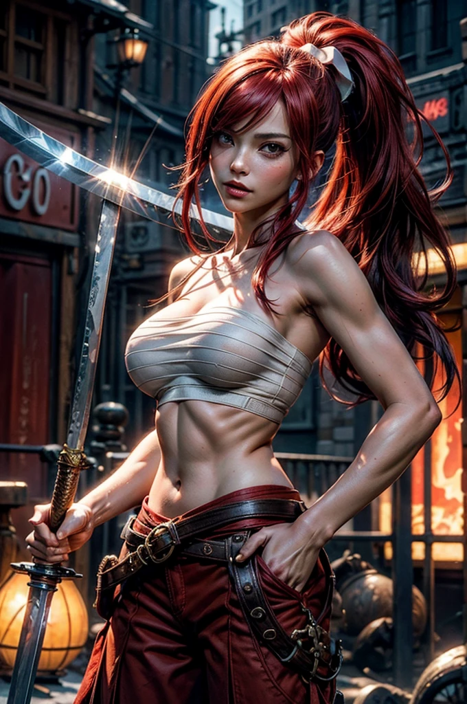 1girl, evil, solo, (28 years old), muscular legs, body builde female, abs+, medium length red wild hair, muscular ripped body++, (hair covers eyes), (long bangs), muscular++, (detailed face), cute++, (red bangs completely cover eyes), broad shoulders, detailed hands+++, (big breastt+), (modern clothes), (30 years old), (calm), (concentrated), detailed eyes++, detailed mouth+, hypermuscle, hyper muscles, (red glowing eyes), evil smile, serious,