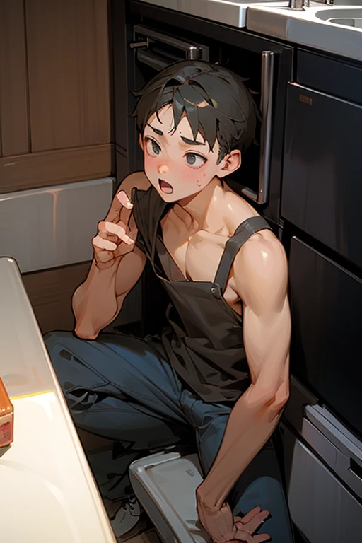 Chubby boy, naked, ashamed, tiny dick, erect, precum, kitchen