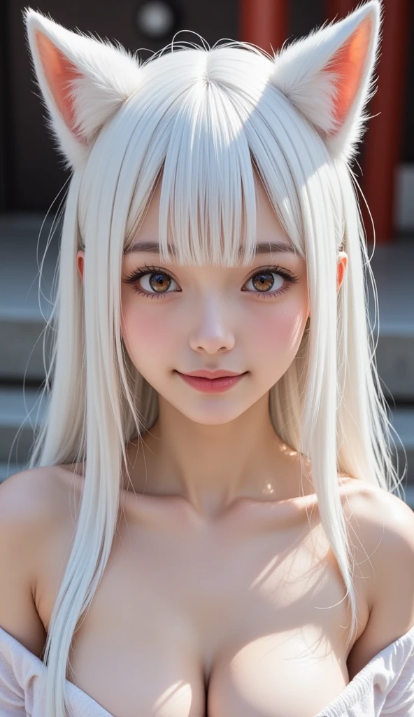 An anime girl with a pair of Cat ears, the inside of the ears a soft white fluff, her eyes wide and curious, she Excited and happy to see me, beautiful eyes, white hair, pink eyes, good art, good drawing, anime 2d, 2d, cute, 2 hands and 5 fingers on each hand, beautiful hands, good drawn hands, 4k, 8k,