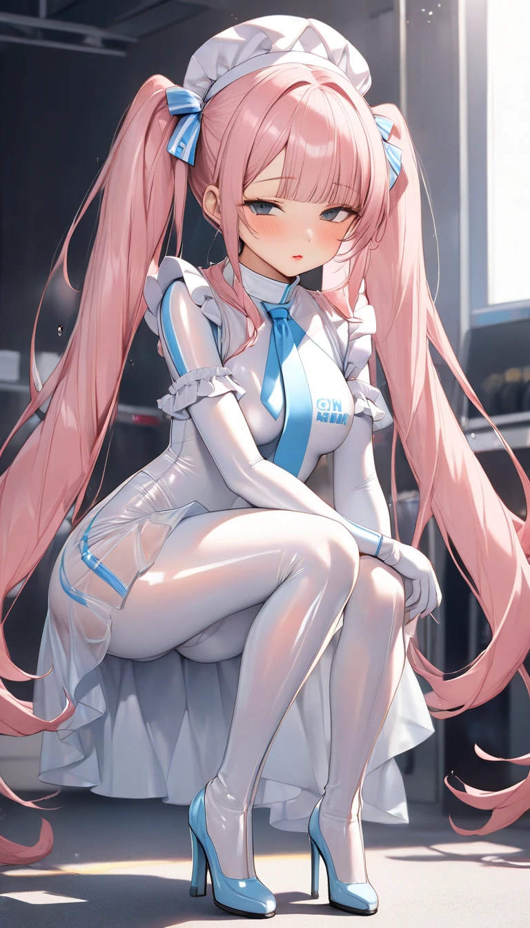 Long pale pink hair，Pale blue-green eyes，white nurse outfit，dark circles，Sit in the infirmary，White hands，close-up on legs，A black over-the-knee sock，A pair of white socks，Big Breasts Girl，big laughter，guffaw