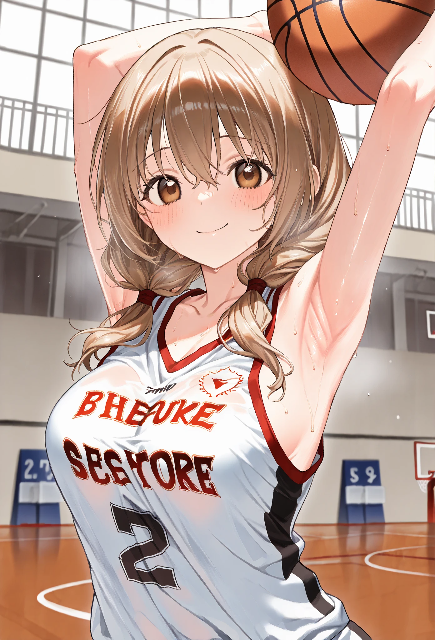 (Highest quality:1.5, High resolution, 超High resolution, 4K, Detailed lighting, Shaders), ((Misaka Mikoto)) ,Solo Shorthair Brown Hair Brown eyes Cool face ((Basketball Uniform))++ Realistic Gym Sweat Super fatty muscle Preparing for exercise No ball Sleeveless Cowboy shot, arms up Beautiful Armpits 腋Sweat Realistic locker room((((topless))))++ blush
