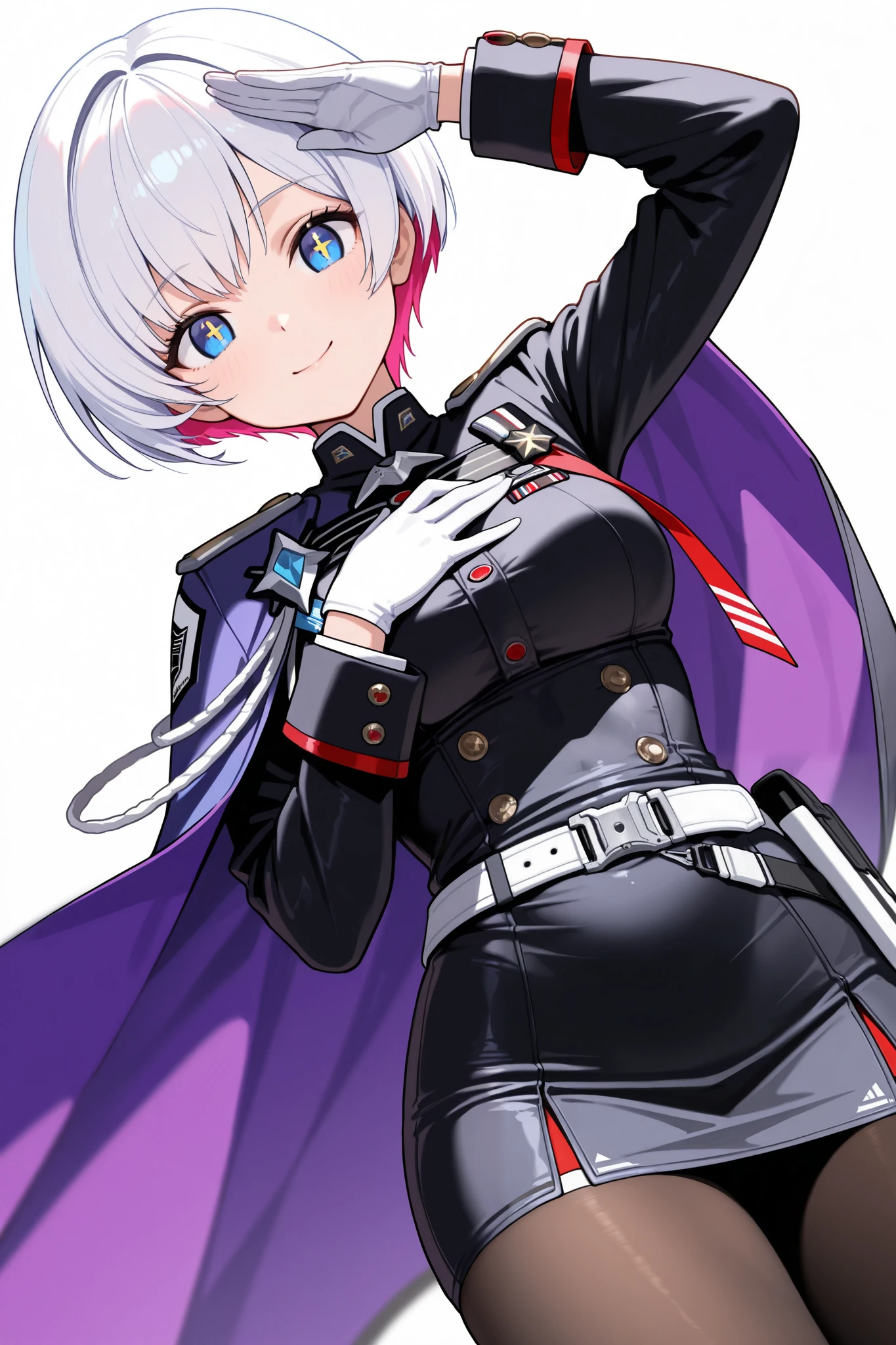 1girl,solo,liliweiss \(nikke\),goddess of victory: nikke,safe,smile,+_+,blue eyes,short hair,white hair,colored inner hair,purple inner hair,closed mouth,short dress,black dress,long sleeves,white gloves,cape,side cape,purple cape,pantyhose,black pantyhose,breasts,dress,gloves,hand on own chest,salute,looking at viewer,simple background,white background,dutch angle,digital painting,8k,depth of field,