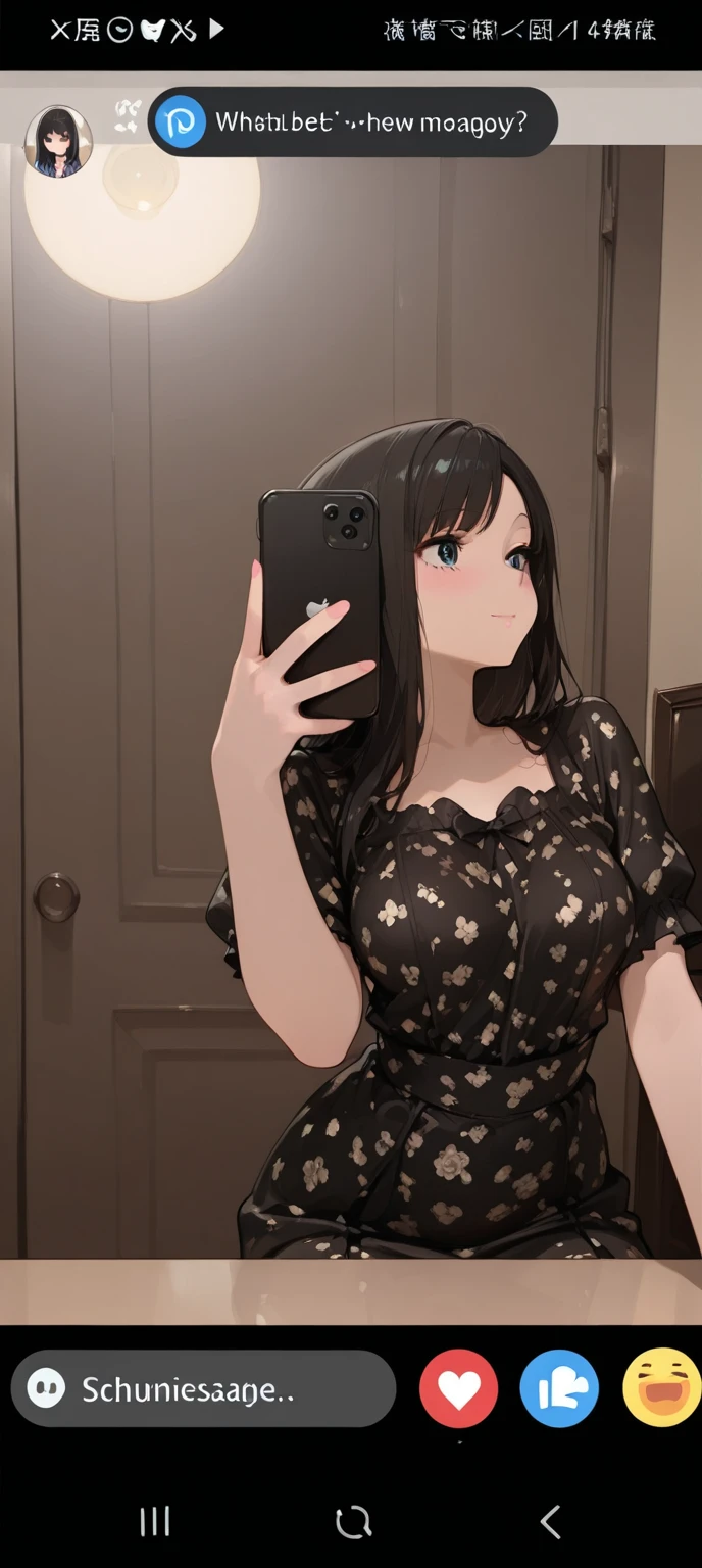 woman,mirror selfie,blush, upper body view, goth, black hair covering eye, hair over eye, mirror, face, eyeliner, gothic dress, bathroom