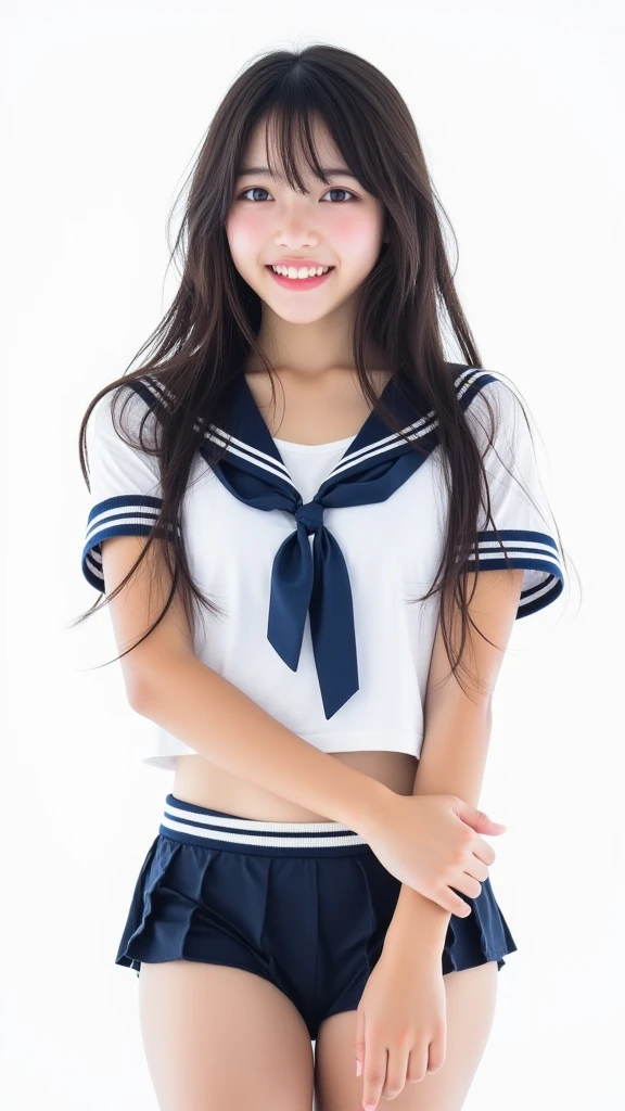 (masterpiece, Highest quality:1.2), 8K, Young and beautiful girl, 85mm,Official AR RAW Photos, Baby Face、Big in clothes 、Show me your ears、photo shoot, Cute face, Thighs, Classroom after school, Observe the audience, Embarrassing、smile、No makeup, Film Grain, chromatic aberration, Sharp focus, Face Light, Bright lighting, 10 generations, Detailed face, Background blur、(((((( high school girl))))))、Tight waist、Sailor suit、Navy blue mini skirt、Lift up your skirt with one hand'hand、White tiny panties、Wet your legs