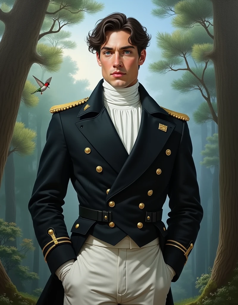 Oil portrait, Realistic image, photograph, realistic illustration.  Aesthetic image . detailed image. Aristocratic environment,  high standard . vista diagonal,  Diagonal focus . pose/ Imperious posture ,  dominant,  she is 20 years old . pose de medio perfil. Enderezado, aligned, Chin raised , good bearing.  He is a young man , husky, muscular. Harmonious look, Manly face,  tense jaw , cuerpo husky (big). very handsome. It's quiet . wide shoulders, blue eyes. pale white skin. white skin.  his skin is very white. The riding suit reflects elegance and discipline. It consists of a black double-buttoned tailcoat, a minimalist white turtleneck shirt, tight white pants. It is complemented by white gloves. A classic and sophisticated outfit, ideal for equestrian dressage, worthy of a prince or a high commander of a royal guard.  he has black hair (jet), } slightly disheveled but with a sophisticated air, as if the wind had gently caressed it. long hair. It is long to the nape of the neck, with tufts that fall naturally framing his face, giving him an ethereal look. wavy hair and bangs, strands and bangs over the forehead. The man is walking with a white horse by his side, through a forest of tall pine trees, green and forest environment, with rays of sunshine that shine. An abundant, harmonious blue-green forest. There are hummingbirds flying around it.  Bluish lighting .