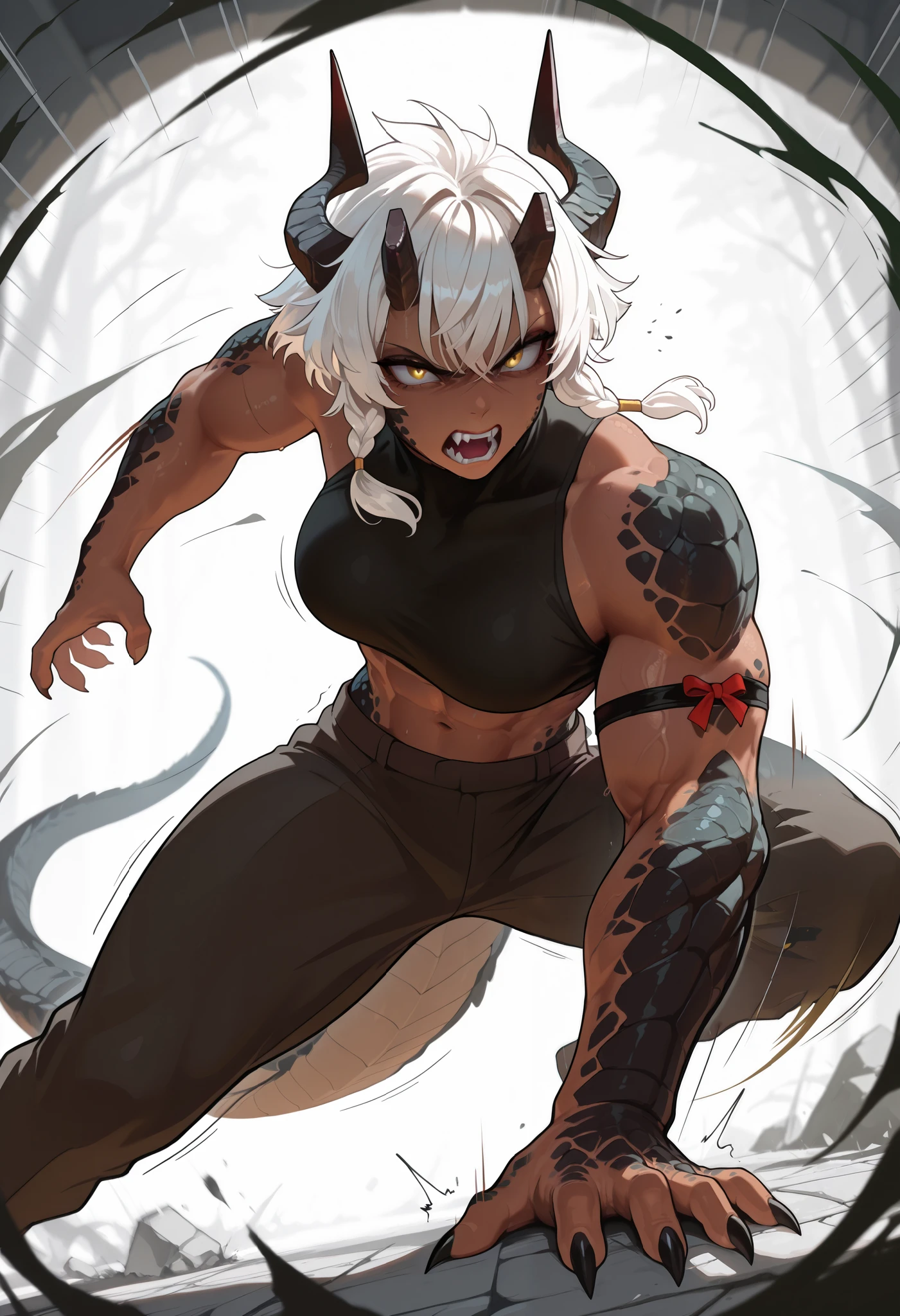 muscular creature, dark horns, dark scales, yellow eyes, short spiky white hair, short hair, angry, dark scales, wrapping her hair, pants, humanoid arms with sharp claws and scales, scales on arms and legs, calm pose, athletic, dark skin tone, in motion, motion lines, attacking the viewer BREAK background is simple and muted, with a gradient effect and soft, neutral tones.