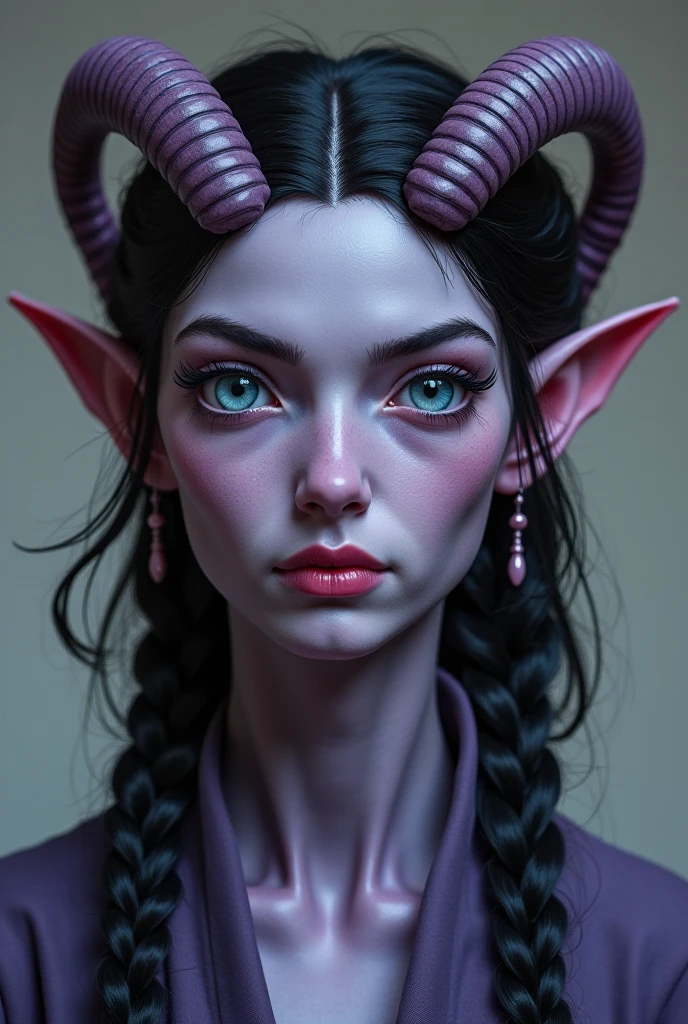 an albino with long purple hair with a little green devil sitting on his shoulder. the devil is thinking about the word: resentment. and this one is in a balloon like the ones in comic books