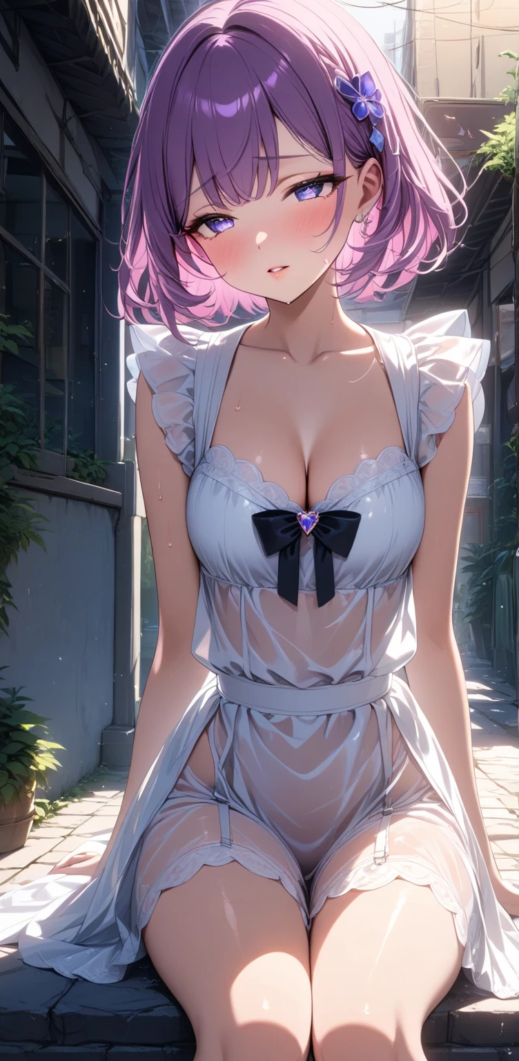 realisticlying, hyper-detailing, Girls Only, (Layered Bob:1.3), 动态照明, ((sexyposture)), (Glow skin: 1.5), tmasterpiece, top-quality, absurderes, watch audience, (Blonde and pink hair), Deep purple Clear starry sky eyes,((big breasts beautiful,A detailed eye,gem-like eyes,colorful eyes,sparkle eyes:1.3)), slenderness, A high resolution, tack sharp focus, depth of fields, detailedeyes, sharp sharp eyes, (photorealistic eye)), exteriors, sunrise sky, white dresses(Attractive sophisticated design riverside lace dress,(White intricate pattern top and short skirt):1.3))