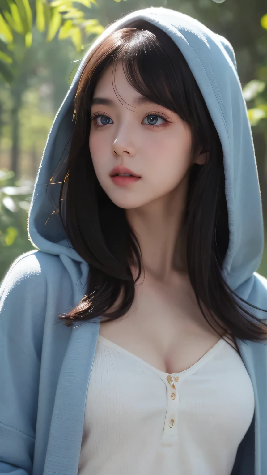 ultra realistic digital painting by Jeremiah Ketner,
ultra realistic digital painting by Charlie Bowater,
ultra realistic digital painting by Stanley Artgerm,
ultra realistic digital painting by Thomas Saliot,
ultra realistic digital painting by J. Scott Campbell,
incredibly cute lifelike anime girl's face and body, blushing, transparent hooded cloak