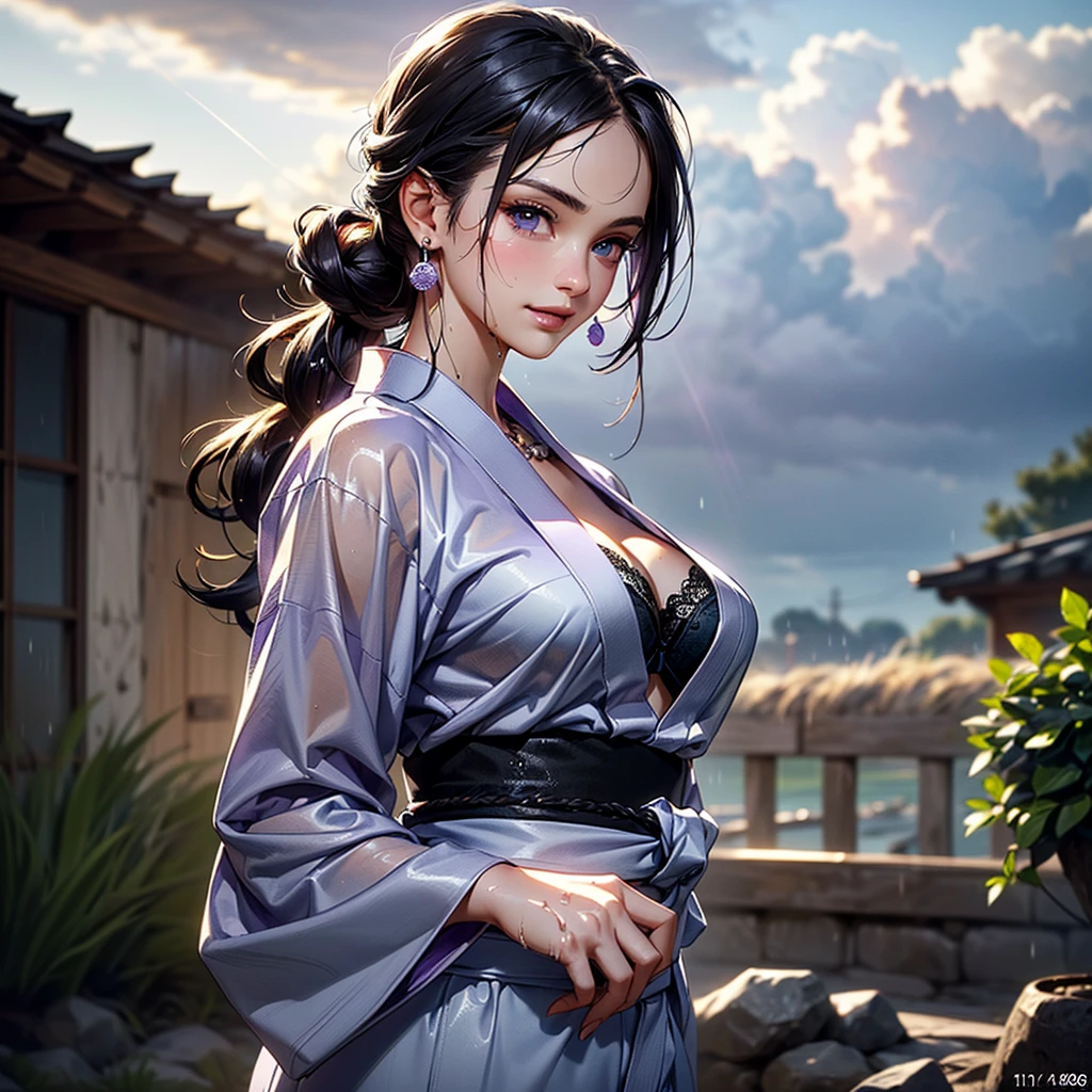 The best one,Tifa,Tifa・Lockhart,Final Fantasy 7,FF7 Beautiful white and blue kimono,A well-fitted kimono,Photorealistic,Ultra HD,high quality,masterpiece,Digital SLR,Detailed details,Intricate details,Anatomical basis,Depicted in detail,A detailed face,Realistic skin texture,Vivid details,Perfect Anatomy,Perfect Anatomy,Anatomically correct hand,Anatomically correct fingers,Super Detail,Complex 3D rendered sexy pose,Beautiful morning glory(flower),Rainy Sky,Beautiful scenery,Fantastic rainy sky,Japanese umbrella,Picturesque,Pink Lips,smile,