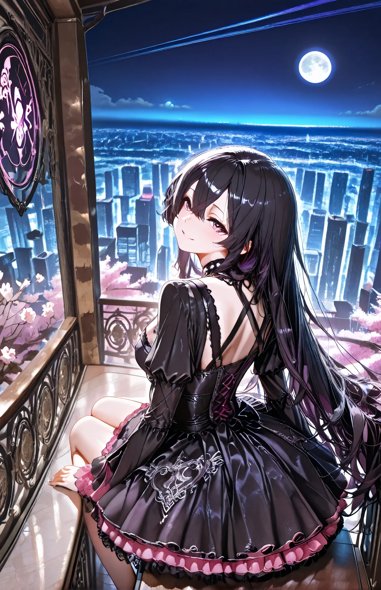 cherry blossoms, looking back,  A girl, sharp purple eyes , multicolored eyes , hair between eyes , long side bangs , black hair with fine purple strands , very long hair , medium breasts, black-Pink gothic dress, elaborate dress, elaborate pattern, long sleeves, puff sleeves,Ruffles, laced, sits on the windowsill, looking out at the moon, trees, flowers，sitting, watercolor art style, drawing art style, pastel color, vintage art style,from behind, janpanese stlye,janpanese building, city scape, horizon, vapor trail, neon lights, night, sadly innocent smile, full moon, Look up at the full moon, solo, score_9, score_8_up, score_7_up, source_anime