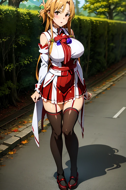 Woman 37 years old Cosplay as Yuki Asuna, KizukiAi, Brown hair, Brown eyes, huge breasts, long hair, Hair, big ass catbo, White gloves, white uniform, White boots, Red dress, Red Belts, big breasts,navel, split, mini skirt, from below, spread your arms,
(Best quality, masterpiece, Raw photo,ultra detailed:1.2), 1 girl,One,Looking at the viewer,smile