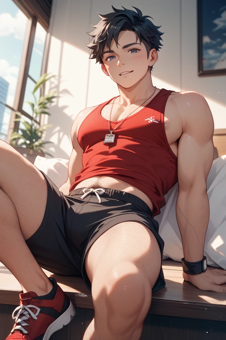 ((8K:1.2),masterpiece, Highest quality, Ultra-high resolution:1.25), beautiful boy anime face, Sweating, no muscular body, 16 old a boy, high school student boy, face and body emphasis, (gay anime hentai), tall boy, no underwear, bedroom alone, sexy pose, Blushing, smile face, (shirtless body), short hair, black eyes, (sexy leather shorts:1.2), high leg string, want sex, prostitute boy, full body, crotch emphasis, crotch touching,