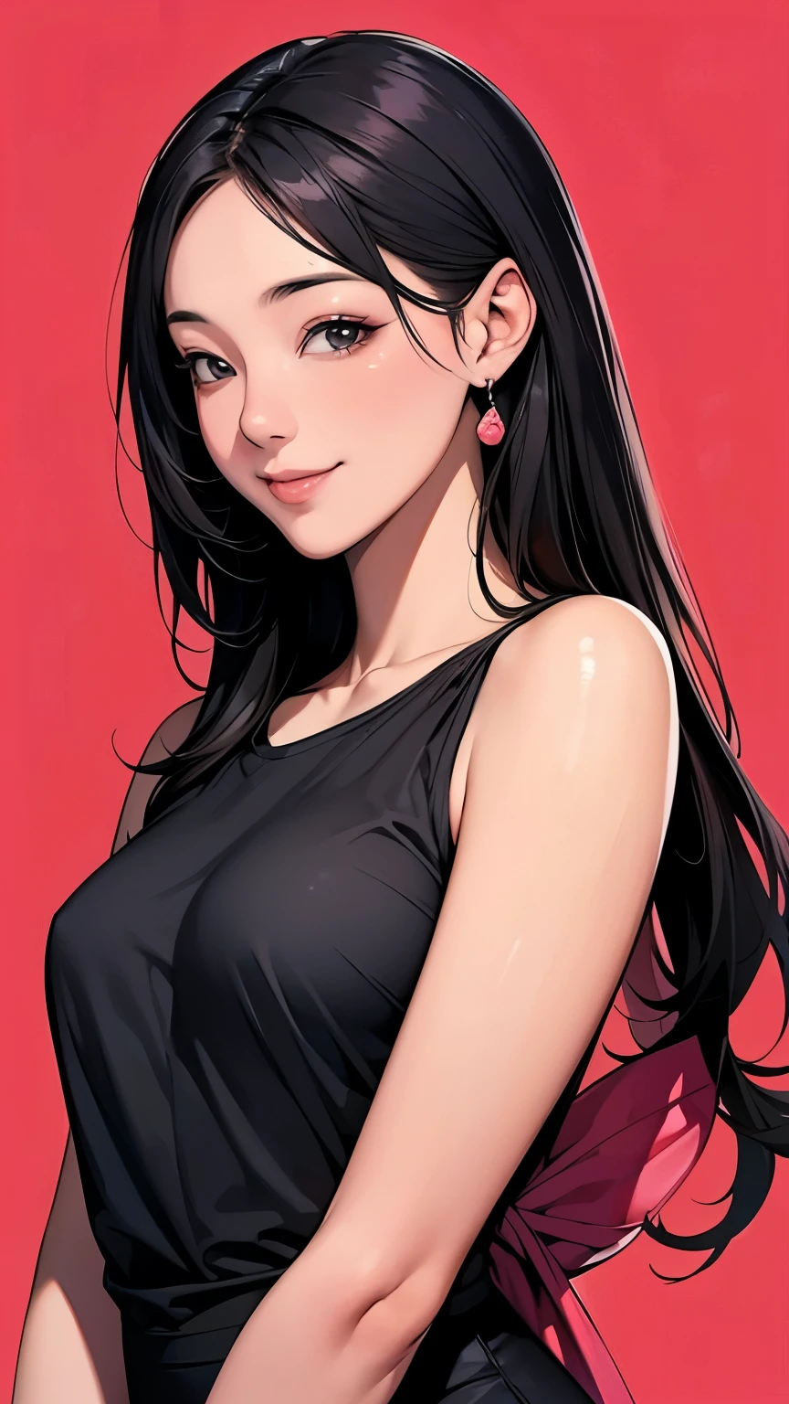 a beautiful girl with long black hair, wearing a red sleeveless dress, 1980s aesthetic, long flowing hair, white panties, detailed face, beautiful eyes, sharp focus, photorealistic, extremely detailed, 8k, masterpiece, cute bum