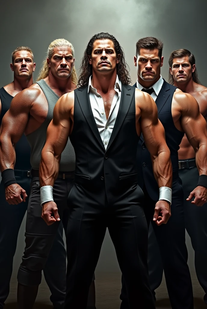 "Villain in a basement. Perfectly sculpted physiques.dressee in shirt. Four male members of the villain gang. High resolution, 8K image, best quality, capturing super-detailed faces and piercing eyes."