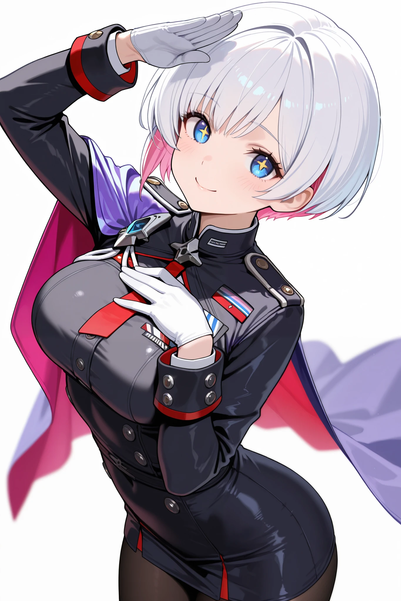 masterpiece,best quality,absurdres, 1girl,solo,liliweiss \(nikke\),goddess of victory: nikke,safe,smile,+_+,blue eyes,short hair,white hair,colored inner hair,purple inner hair,closed mouth,short dress,black dress,long sleeves,white gloves,cape,side cape,purple cape,pantyhose,black pantyhose,breasts,dress,gloves,hand on own chest,salute,looking at viewer,simple background,white background,dutch angle,digital painting,8k,depth of field,