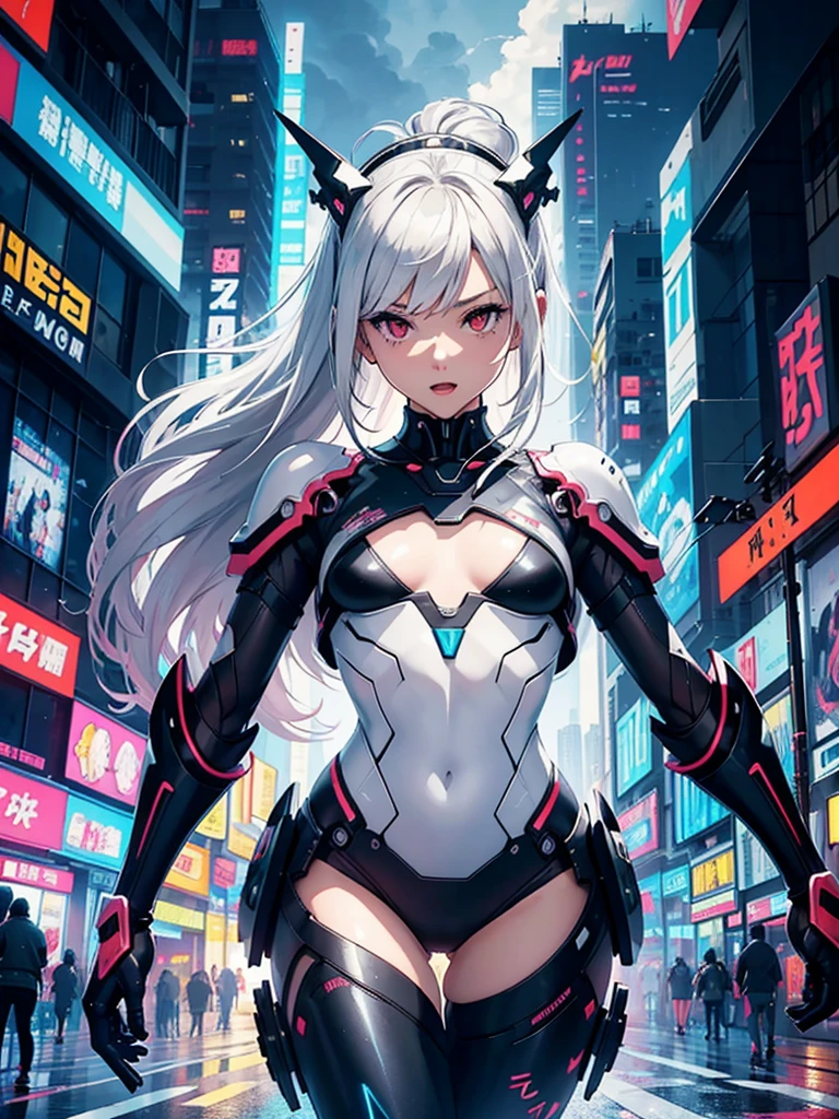 (high quality, best quality), 1girl, robot, mechanical parts, cyborg, silver skin,
cat ears, long hair, wavy hair, cybepunk attire, dress,
standing, dynamic pose, weapon, holding a gun,
dark city background, neon lighting,
futuristic, sci-fi, night,