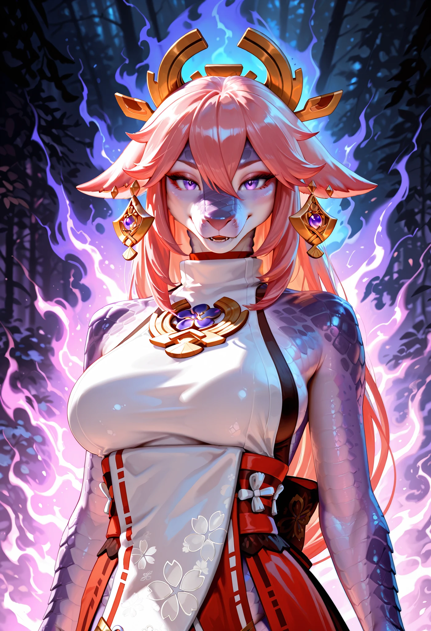 (anthro_dragon,female,high detailed scalie skin, slim body), ultra realistic, full growth, detailed facial features, big fake breasts, Yae Miko, character in the form of a dragon, electical aura, purple lightnings, Inadzuma exterior, elegant posture, serene expression, piercing eyes, intricate scales, photorealistic, 8K, HDR, natural lighting, physically based rendering, extremely detailed, professional, vibrant colors, sunlight, soft fog, dramatic lighting, fantasy digital art, concept art, digital painting