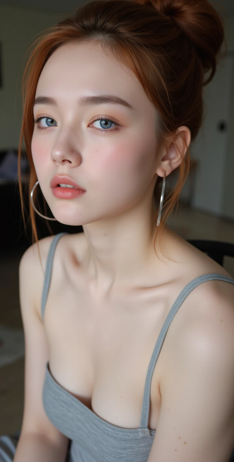 White and red-haired woman with full, pink lips