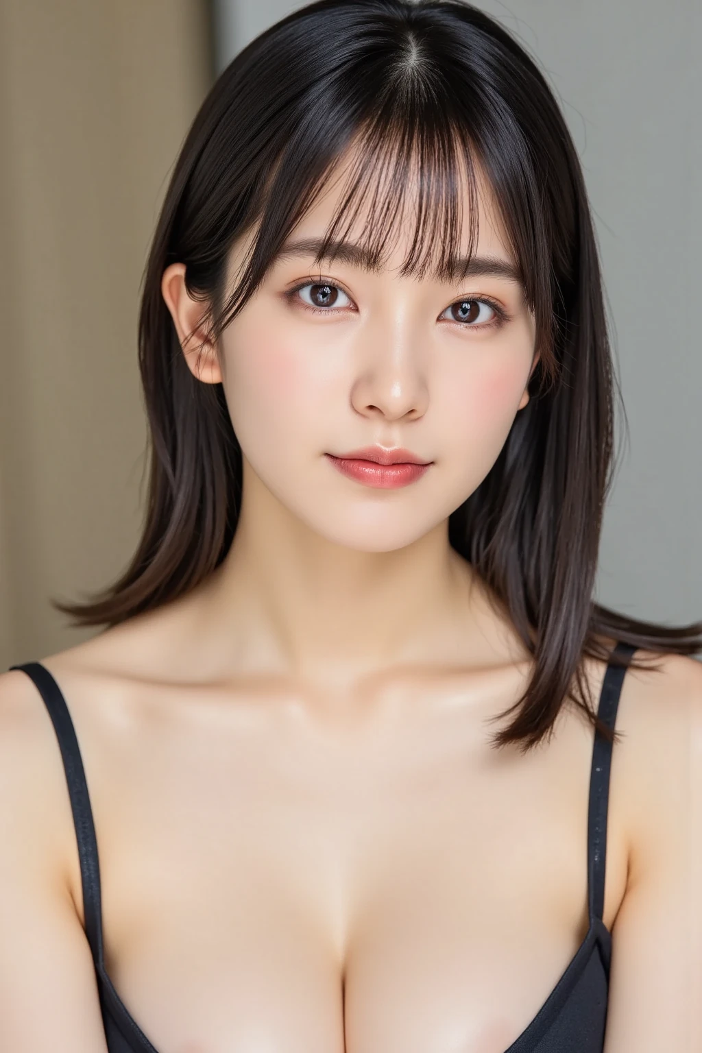 (highest quality,masterpiece:1.3,超A high resolution,),(Very detailedな,Caustics),(Realistic:1.4,RAW shooting,)Ultra-Realistic Capture,Very detailed,High resolution 16k human skin closeup。 The skin texture is natural、,pores、It must be detailed enough to be easily identifiable.。 Skin should look healthy and have an even tone。 Use natural light and color,Looking up,One girl looking at the camera from below,Japanese,18-year-old,cute,Black-haired,Middle Hair,(Large Breasts:1.2),smile,Turn your body forward,(View from the front:1.2),
