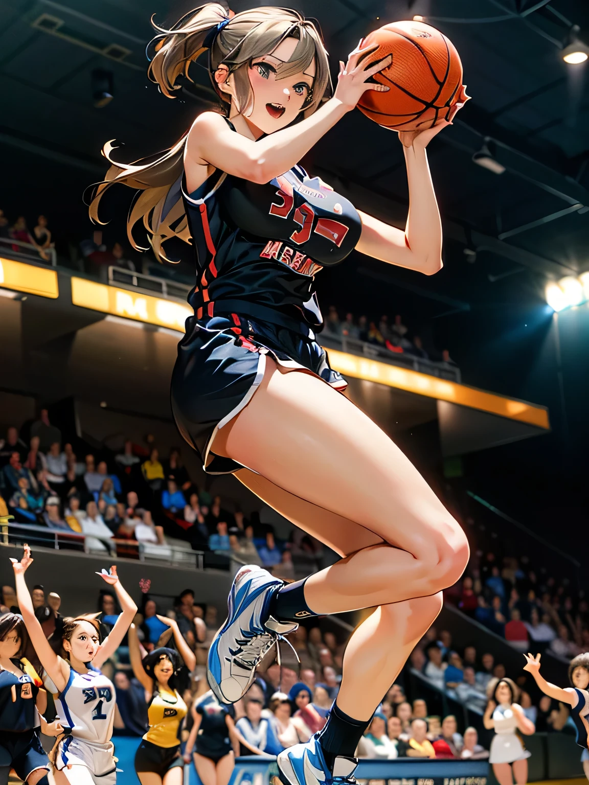 (Moment When Women's Basketball Players Jump Shoot)、group_mf, (Top Quality、8k、high resolution、masterpiece:1.2)、Ultra-detailed、(real、Original photo)、(perfect anatomy:1.66)、2 girls、((beautiful eyes))、(beautiful and well-groomed face)、(confident smile)、(Super hourglass body type)、(Swaying Super Big Breasts:1.4)、Tank Top Uniforms 、basketball shoes、(Dynamic Shoot with Legs Spread:1.34)、Exactly sized ball、correct finger、Basketball Goal Ring、( jumping high 、Aerial)、sports arena、dramatic lighting、 Fast Motion Blur 、(Impressive Camera Angle from Below)、 cinematic structure 、Other female players moving around the court、clear focus、SPORTS PHOTOGRAPHY