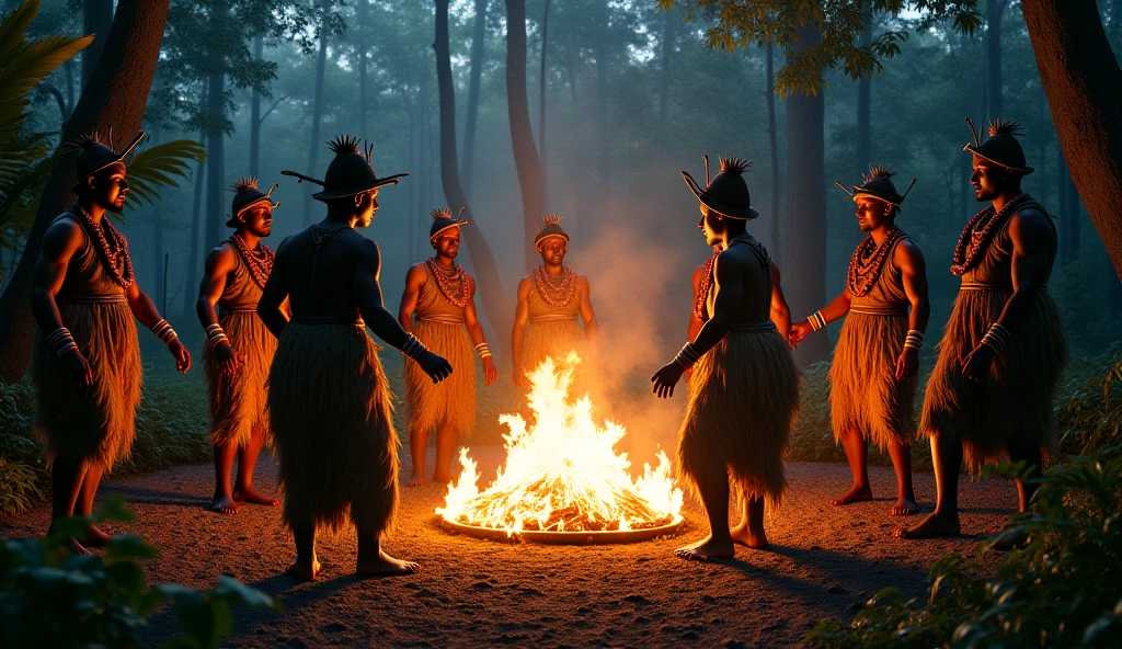 Dance of Zulu ceremony (Ingoma) very dynamic around a bonfire in the middle of a snowy forest in the winter norweeg. Among the trees onservan with caution nordic model beautiful and naked only with fashion mountain boots