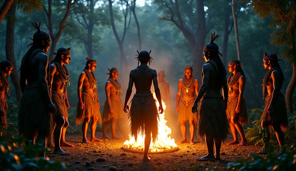 The scene opens with a dramatic, high-intensity shot of the Ash People, a fierce and resolute Na'vi tribe, preparing for an imminent battle. The camera captures a wide view of a clearing in the dense, shadowy forest, where a group of Ash warriors stands in a tight, purposeful circle around a roaring, large fire. The fire casts flickering, intense shadows across their faces, highlighting their war paint and the determination in their eyes.

The Ash People’s skin is a deep, ashen blue, contrasting starkly with the vibrant red and black war paint they apply with careful, deliberate strokes. The paint forms intricate, tribal patterns that symbolize their strength and heritage. Each warrior has unique designs, reflecting their personal achievements and status within the tribe. Their attire is made from dark, rugged materials—woven bark and leather—adorned with feathers, bones, and sharp, decorative elements. Their clothing is practical yet ceremonial, designed for both battle and ritual.

The camera zooms in on individual warriors, focusing on their intense, focused expressions. Their eyes are sharp and resolute, betraying no hint of fear or hesitation. The war paint, applied meticulously, creates a striking contrast with their natural skin color and enhances their intimidating presence. As the camera moves, it captures the ceremonial preparations—the sharpening of spears, the adjustment of armor, and the silent, shared understanding of the coming fight.

Key Elements:

Warriors’ appearance: Deep ashen blue skin, intricate red and black tribal war paint, unique designs for each warrior.
Attire: Dark, rugged materials—woven bark and leather—feathers, bones, and decorative elements.
Fire and shadows: Large, roaring fire casting intense, flickering shadows, adding to the atmosphere of tension and foreboding.
Expressions: Intense, focused, resolute faces; no hint of fear or hesitation.
Background: Dense, shadowy forest creating a dark, foreboding atmosphere, enhancing the se