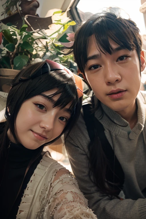 they are posing for a picture in a mall with a red cat, ruan jia and fenghua zhong, taken with sony alpha 9, very very low quality picture, korean artist, with her long, pixivs and junji ito, ruan jia and brom, yanjun chengt, taejune kim, ulzzang, omg, lovely couple