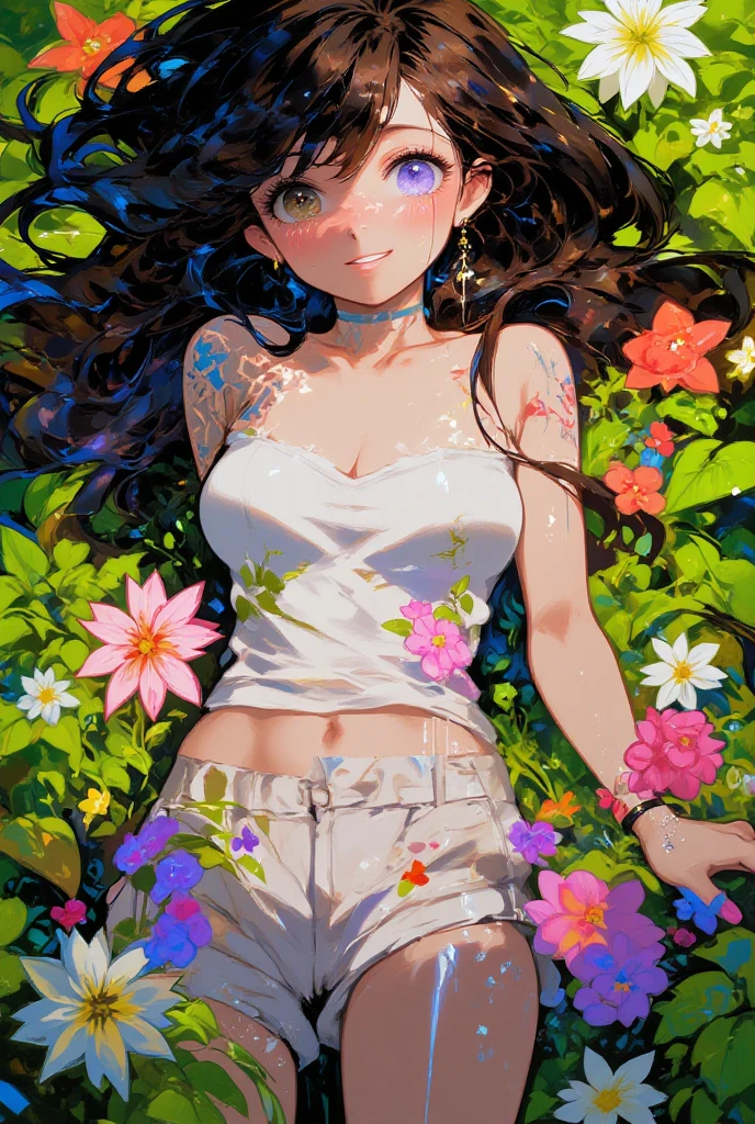 holding petal, flower hat, tropical, falling petals,1girl,long hair,flower mask,(girl lying in a flower field:1.2),heart background, timestamp, hat flower, seasons, emoticon, flower \(symbol\), fine art parody, summer, colorful, flower bed, floral print ,white dress,