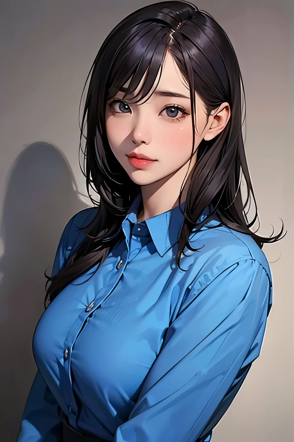 A close up of a woman in a blue shirt posing for a picture - SeaArt AI