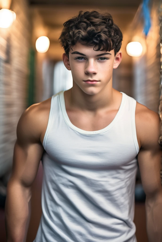 Portrait of a 17-year-old boy, on his knees, small shorts, pink shorts, tank top, white tank top, pink room, velvet room, pink stuffed room, stuffed animals, focus on the boy, supportive pose, legs open, sensuality, seducing the viewer, looking at the viewer, symmetrical body, perfect body, realimo, real, focus on the boy, handsome boy, beautiful boy, European facial features, 1boy, solo, teen