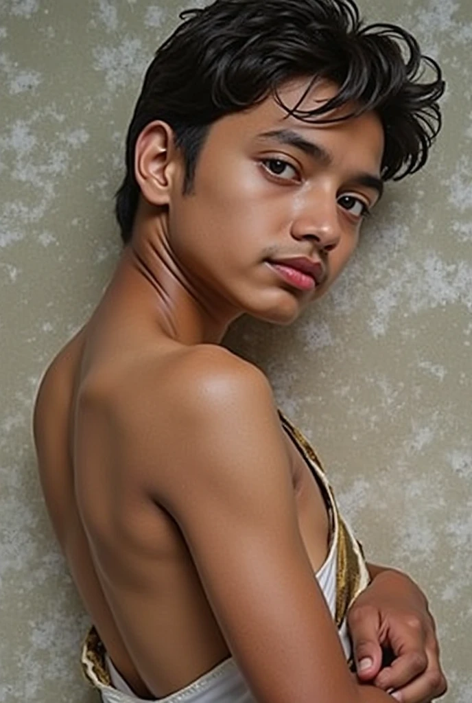 hyperrealistic oil painting art by (charles dana gibson: 1.3) and (alphonse mucha: 1.3) and (Michelangelo: 1.3), of a men his face (blend: Timothée Chalamet: 0.5: Jason momoa: 0.5), as A super handsome god javanese, nude, muscled body with big pointy puffy nipples, erect nipples, blue eyes, wear ivory gold accessories gold diamond head band, shoulder band, gold chain necklace, diamond pendant, white skin, 4k, bokeh blurr background, HD picture, Real picture,