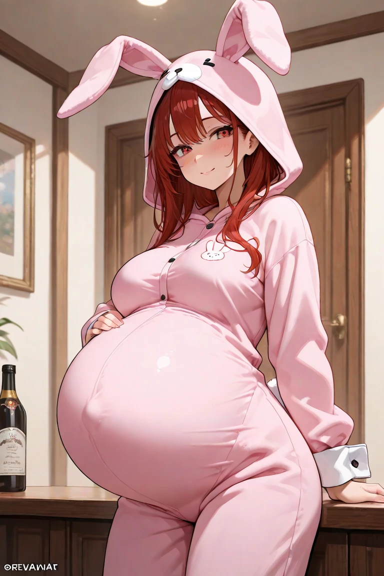 Beautiful, pregnant queen, wavy brown hair, blue eyes, tight pink bunny bodysuit, bunny ears