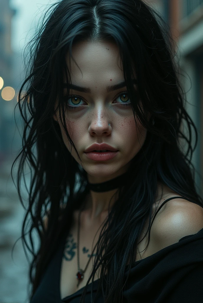 Woman, blue colored eyes, Bblack hair, very long hair, teeths, tusk, best qualityer, pale white skin.high resolution, slickedback hair, breastsout, Half moon earrings, gura fechada, eyes open, eye white, flickering eyes, apocalypto, Surrealism, 真实感, ear, gura,