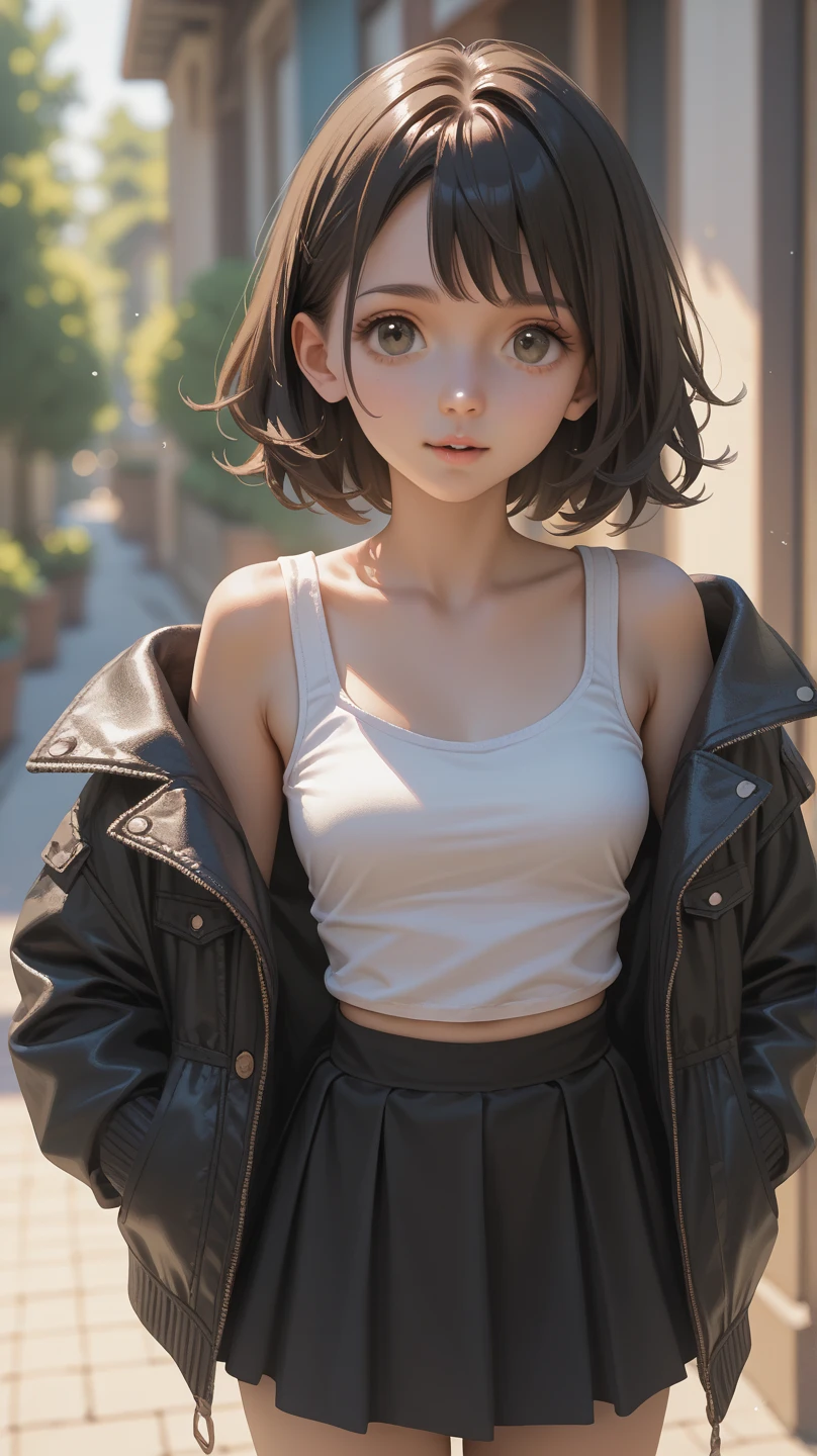 (((8k wallpaper of extremely detailed CG unit:1.2, masterpiece, hight resolution:1.2, top-quality:1.2, masutepiece))), ((a very beautiful woman, Grunge Fashion, Wearing a blouson:1.1, Wearing shoes, Hands in pockets:1.8)), ((extra detailed face, Highly detailed black eyes, extra detailed body, Top quality real texture skins)), (A dark-haired, The long-haired, de pele branca, Small:1.2, Exposed cleavage), ((surrounded by a brick wall)), (high-angle:1.2, a closeup, Fisheye:1.4), hyper realisitic, digitial painting,