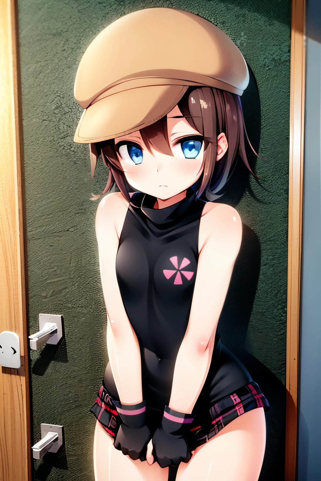 1 Girl、 Complete human body 、masterpiece, Top Quality, high resolution, (1 Girl, Peephole Door in Upper Body , open the door , Doorway、 little beautiful girl 、Helga Haruka, blue eyes, brown hair , short hair, Brown hat, black sweater, sleeveless turtleneck, plaid skirt for classroom at school、white panties,panty stain,shy face),after sex