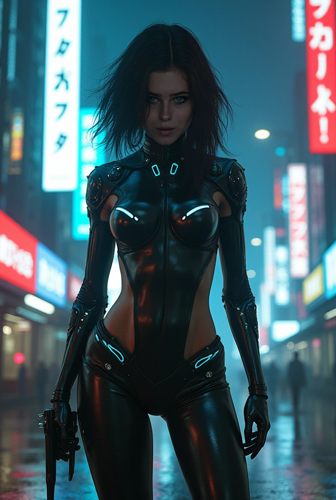 Hyper realistic photo Realism CG 8K mecha cyberpunk 2077, perfect face, thin curved eyebrows, eyeliner, dark eye shadow, vibrant lipstick, perfect makeup, long luscious hair, Mecha cyborg arms, tattered croptop, slinder perky breast, short booty shorts, (butt crack:1.0), mecha cyborg legs, in the world of Cyberpunk 2077, neon blue sapphire eyes,