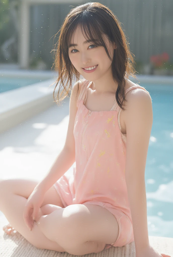 Cute girl、Classmate、17-year-old girl、Pretty girl、(White sand beach、Tropical Beach)、(one piece、Transparency、Detailed floral pattern、Light green fabric、Golden embroidery)、Beautiful feet、(Small breasts 1.3)、(smile、Perfect white teeth)、bangs、Short Hair、Cat ears headband、(Smooth Hair)、Slim body、(from below)、RAW Photos, (Highest quality、masterpiece、Realistic photo:1.2)、(Realistic:1.4)、Pastel Color Palette、Super detailed、Realistic skin texture、Beautiful eyes in every detail、Brown eyes、(Detailed Background、The background is blurry:1.2)、