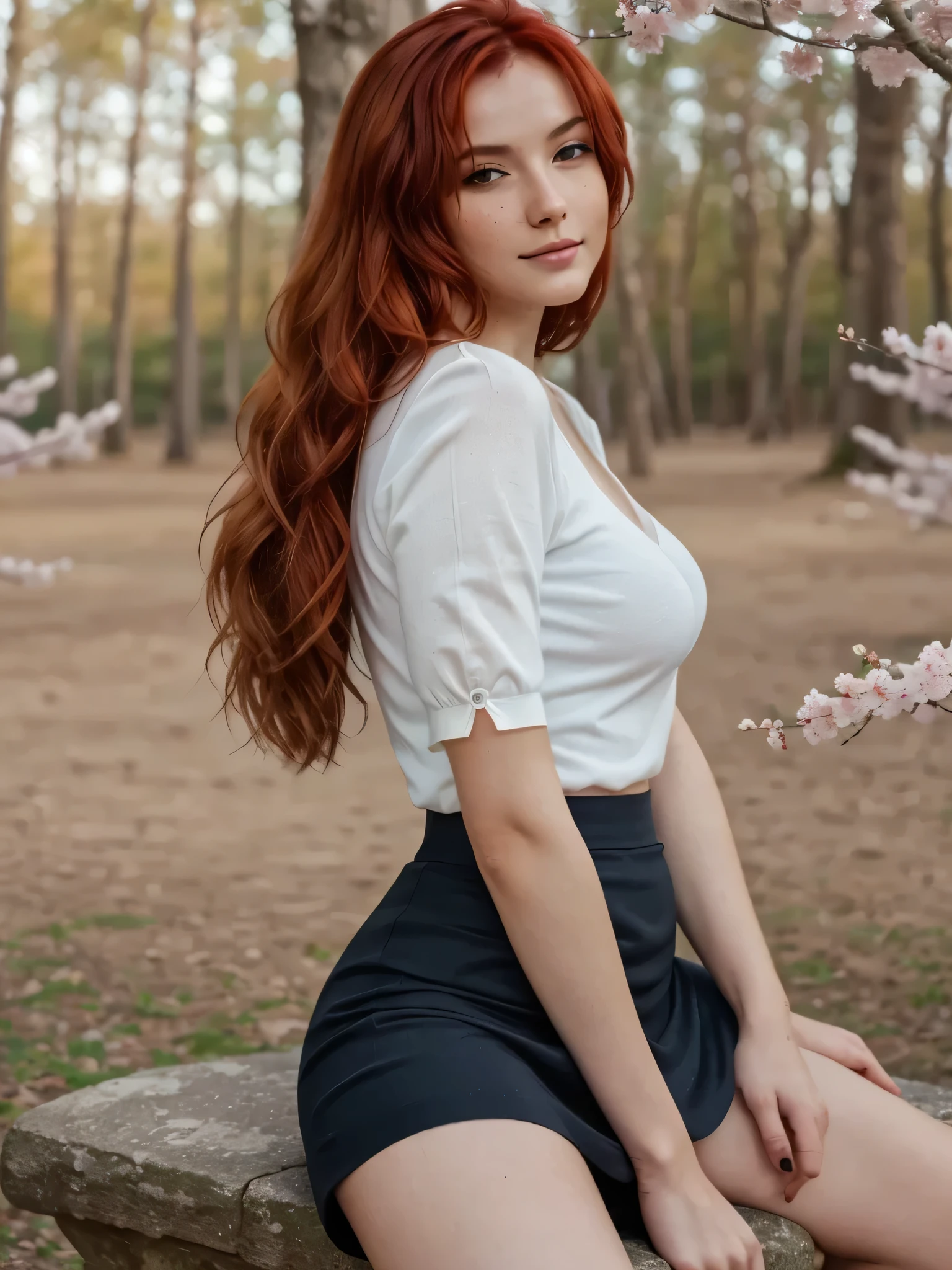 Stunning 20 year old woman with long red hair , with freckles, head tilted slightly to the side , , the runner's slender body, dressed in (black skirt just above the knee, white top with closed sleeves), SFW ( while in a beautiful sakura forest), (the viewer looks at the model , back to camera) realistic fingers, boudoir, Boudoir photo , elegant, seductive pose , Masterpiece, dramatic lighting, photorealism, ( size 2 chest ), realistic breasts, high quality raw , 4K, big nipples, a large gap between the legs, camel toe, perineum,4K, big ass