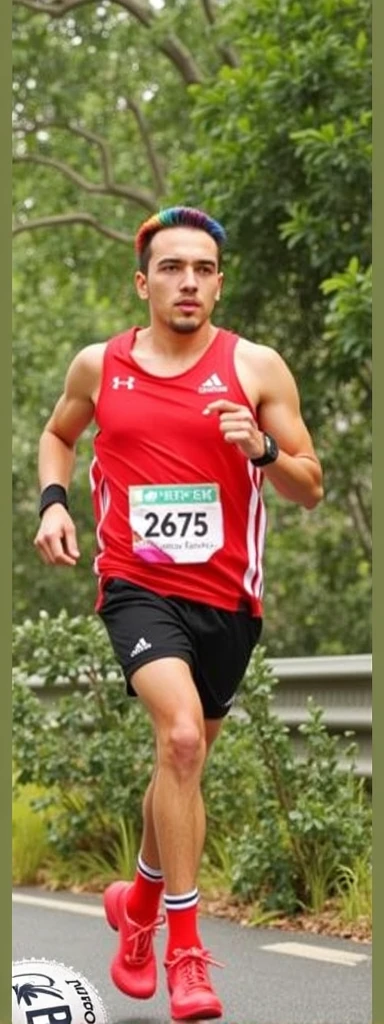male, Sports photography, Track and field athlete, Sprint, Truck lanes, Finish Line, Audience seats, The moment of the start, Powerful ride, Red uniform, Shorts, Running shirt, Chinese Representative, full body