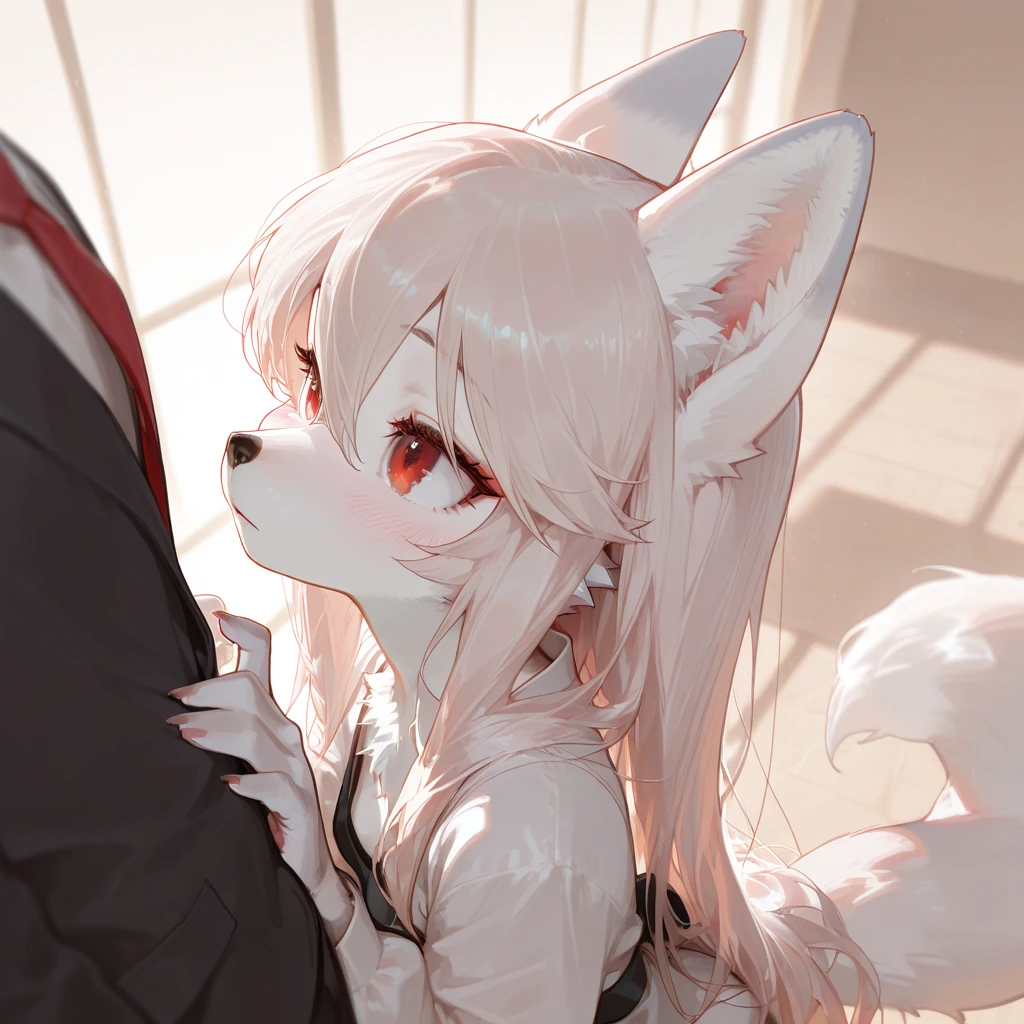 score_9,score_8_up,score_7_up, source_furry, loona from helluva boss, Anthro furry hellhound, white eyes, red sclera, snout, long white hair, animal ears and tail, blowjob, she is sucking a human males cock, male is cropped out, simple grey background, side view, she is looking up at male