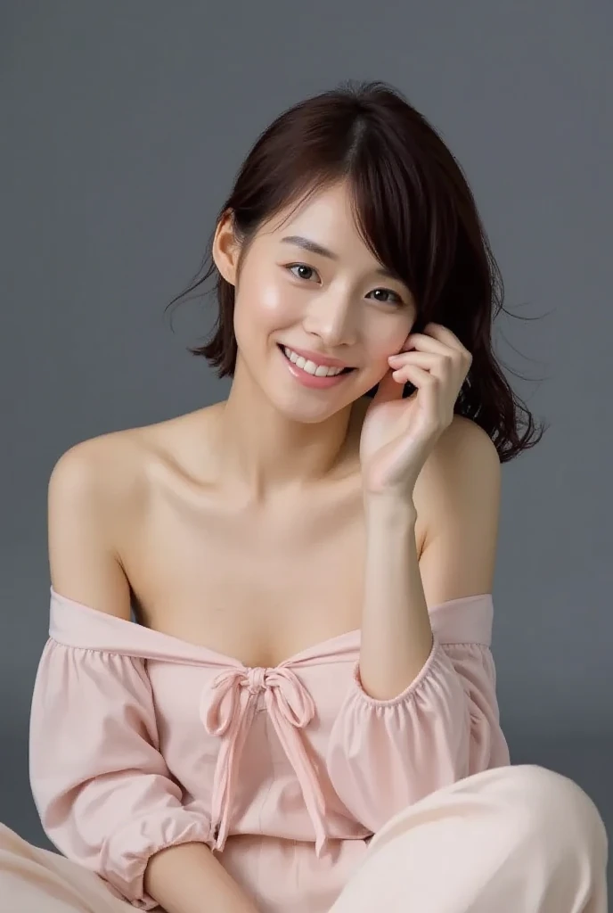 masterpiece,best quality,(Japanese ),((Beautiful girl)),cleavage,indoor,(perfect body beauty:1.2),(shy smile),beautiful teeth,(From slightly above),