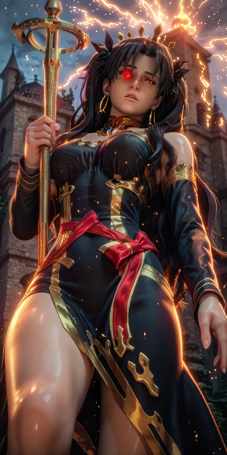 score_9, score_8_up, score_8, score_7_up, bouqtm, ishtar_(fate), red_eyes, parted bangs, long_hair, jewelry, earrings, black_hair, armlet, crown, two_side_up, small_breasts, hoop_earrings, ribbon, narrowed eyes, plump, shiny skin, anatomical correct, 1girl, solo, gloves, breasts, earrings, jewelry, white_gloves, black_hair, staff, looking_at_viewer, parted_lips, holding, dress, from_below, holding_staff, long_sleeves, puffy_sleeves, covered_navel, black_dress, ((dusty)), ((aura)), Cinematic, looking down, shaded face