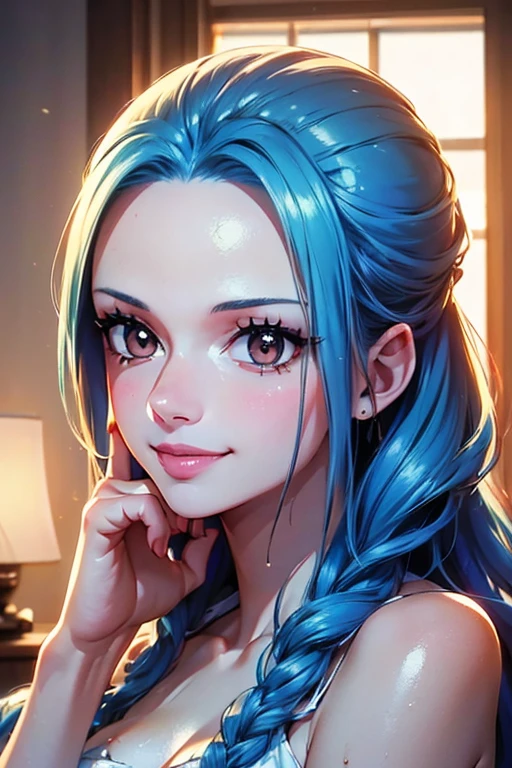 une femme de 25 ans, sexy, romantic smile, HD, 8k, masterpiece, a lot of details, blue hairs, deep look, blue eyes, pink lingery, hawaian tattoo