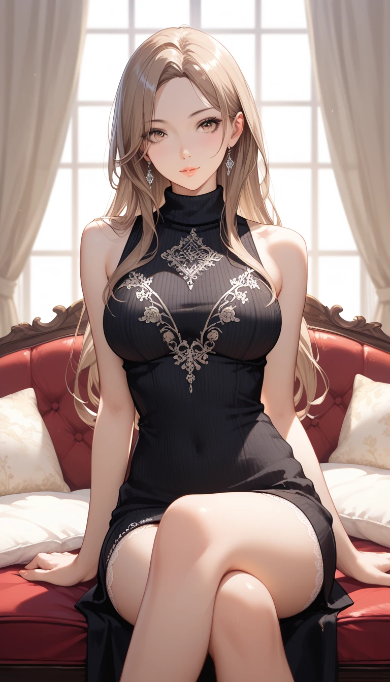 a Shy slave princess, flowers, lust, golden hair, black dress, slave tattoo on her stomach, sitting on a couch, lilies, roses