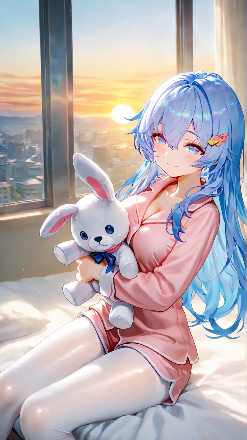 ((8k, Highest quality, masterpiece: 1.3)),Ultra-high resolution,(1 girl, alone), (Color changing eyes, Ultra-detailed, Expressive brilliance, Glitter, Glowing Eyes), Highly detailed eyes, Highly detailed face, Random Hair, ((pastel colour)),A bubbly young woman with pastel blue hair styled into loose waves, sitting on the floor of her sunlit bedroom during a bright morning. She is dressed in a simple yet flirtatious bunny girl cosplay, wearing a soft pink leotard, matching bunny ears, and a fluffy tail. The camera captures her from a slightly low angle as she giggles, holding a small stuffed bunny in her arms, her expression full of joy and playfulness. The room is filled with natural sunlight, with plush toys scattered around, a cozy blanket on the floor, and light-colored walls, creating a playful and cheerful atmosphere, (nsfw:1.2)